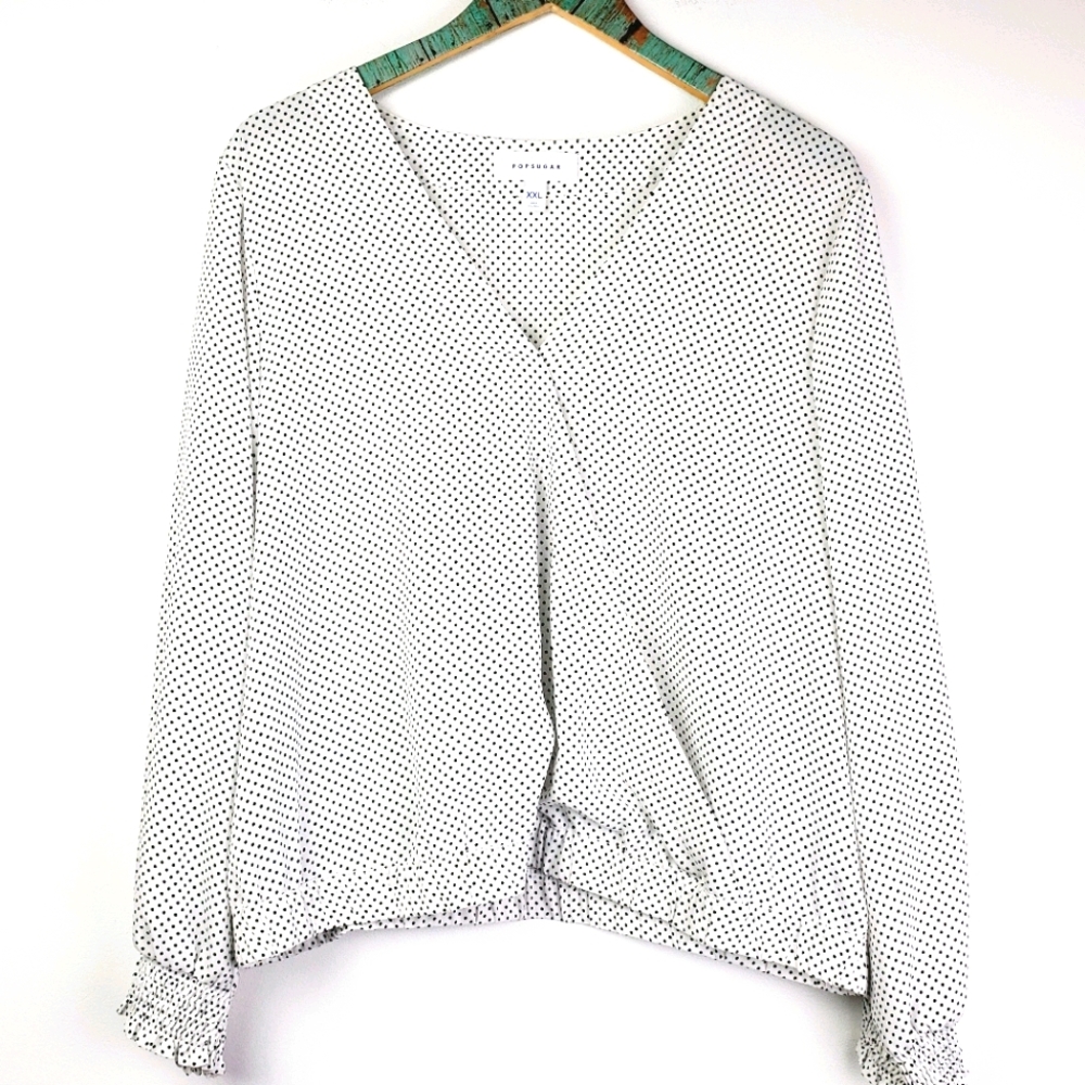 Popsugar White V-Neck Black Polka Dot Blouse XXL